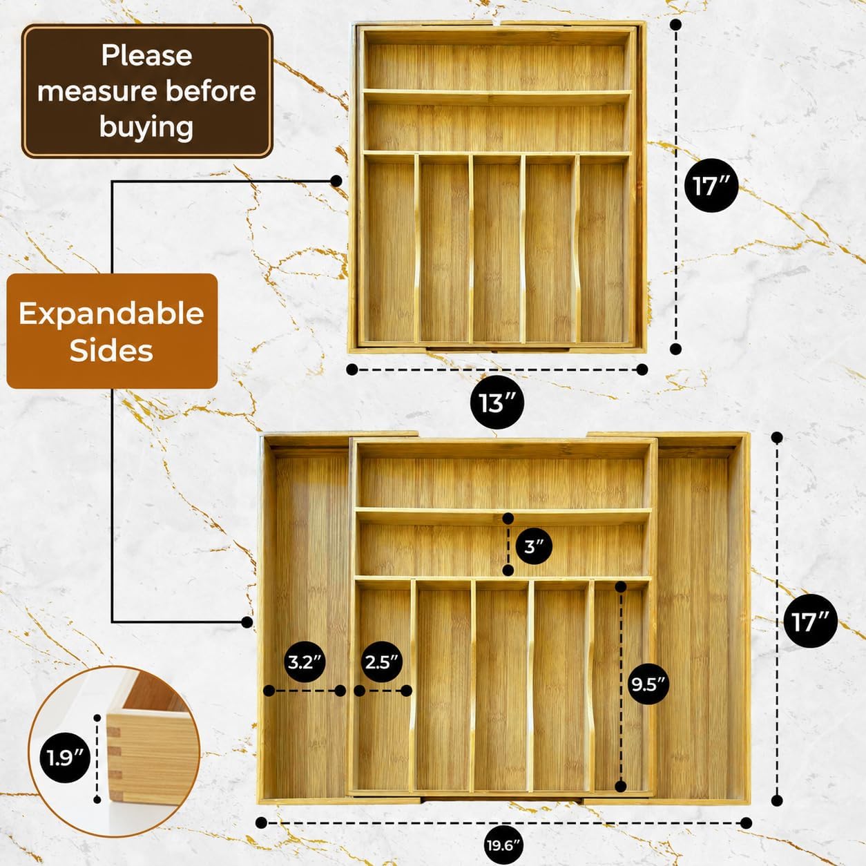Bamboo Drawer Organizer | Expandable Silverware & Utensil Organizer for Kitchen | Flatware Cutlery Tray with Adjustable Dividers | Wooden Drawer for Knives, Spoons & Forks | Natural Bamboo
