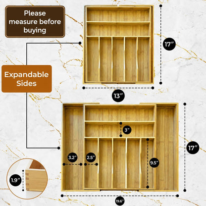 Bamboo Drawer Organizer | Expandable Silverware & Utensil Organizer for Kitchen | Flatware Cutlery Tray with Adjustable Dividers | Wooden Drawer for Knives, Spoons & Forks | Natural Bamboo