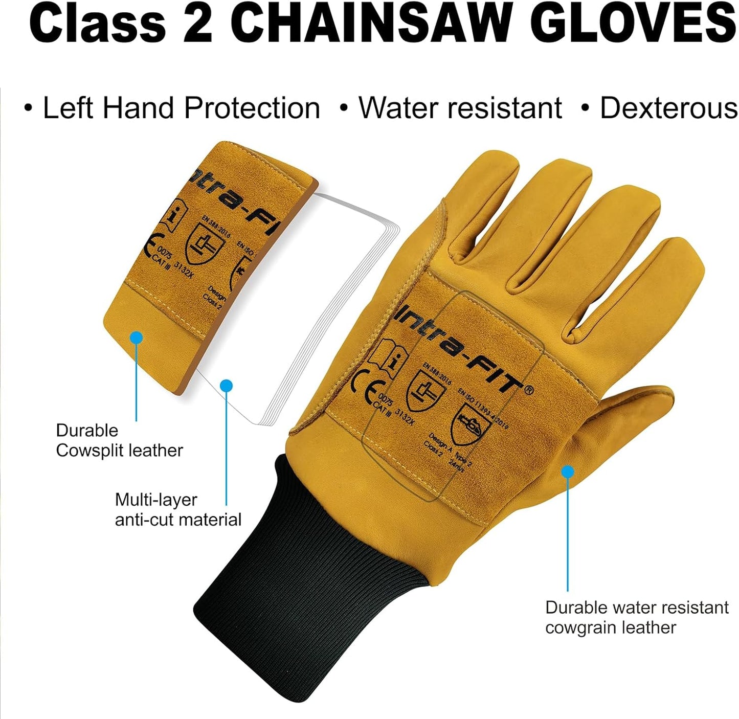 Chainsaw Gloves Saw Protection on Left Hand Back | EN ISO 11393-4, Cut-resistance Gloves Cow Leather Palm