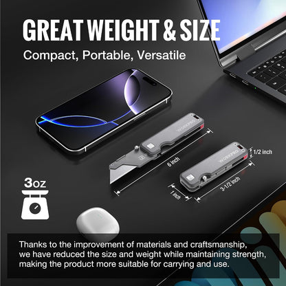 Premium Titanium Utility Knife, CNC Unibody, Lightweight Aluminium Handle Folding Box Cutter, Quick Change Blade Razor Knife,Ideal Gifts for Men Women, with 10 Extra Blades