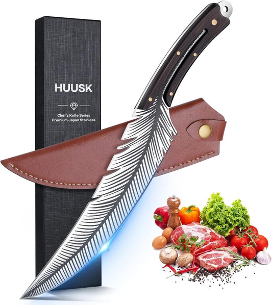 Huusk Feather Knife - High Carbon Steel Japan Boning Knife with Sheath | Hand Forged, Full Tang, Viking Butchering for Meat Cutting Kitchen BBQ Camping Hiking, Gift for Dad