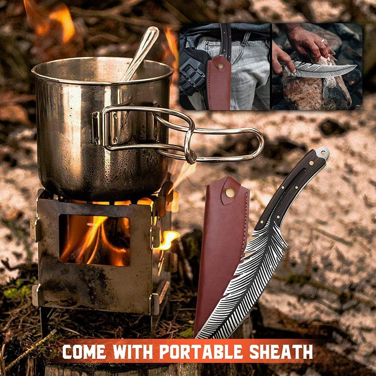 Huusk Feather Knife - High Carbon Steel Japan Boning Knife with Sheath | Hand Forged, Full Tang, Viking Butchering for Meat Cutting Kitchen BBQ Camping Hiking, Gift for Dad