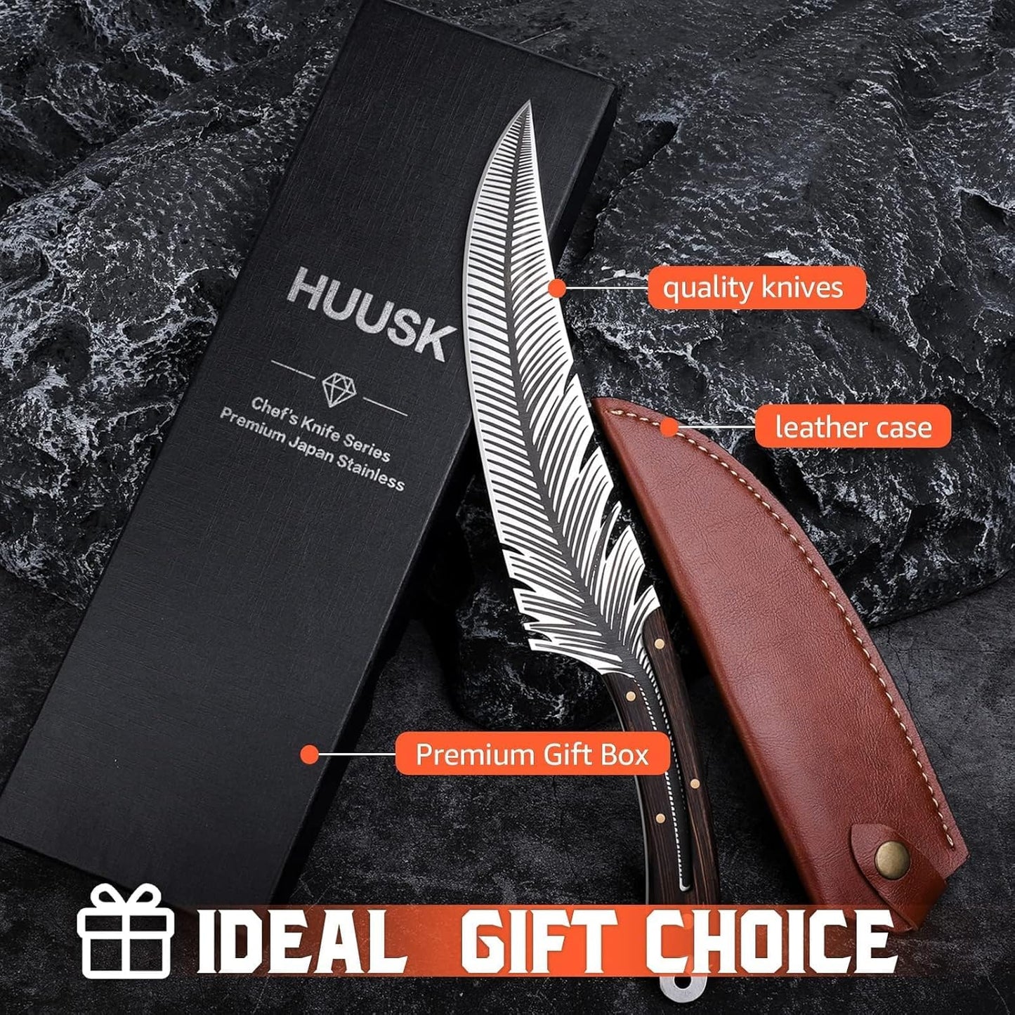 Huusk Feather Knife - High Carbon Steel Japan Boning Knife with Sheath | Hand Forged, Full Tang, Viking Butchering for Meat Cutting Kitchen BBQ Camping Hiking, Gift for Dad