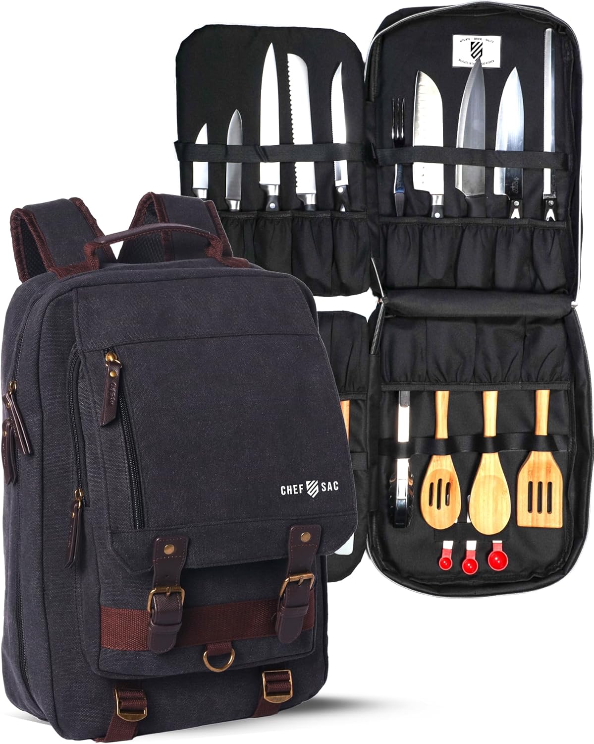 Chef Knife Backpack RETRO - Waxed Canvas Knife Bag for Chefs, Patented Knife Retention Panels and Hook-and-Loop System, 30+ Pockets, Fits 10in Blades (17in Overall), YKK Zippers