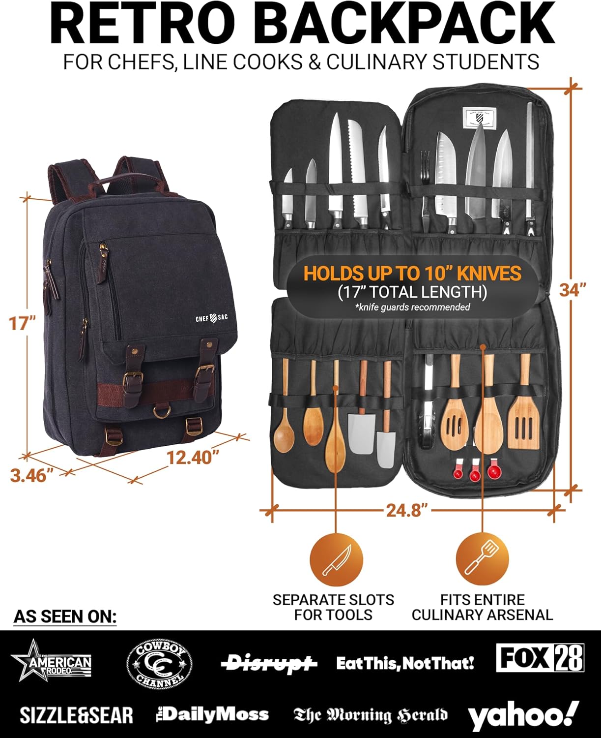 Chef Knife Backpack RETRO - Waxed Canvas Knife Bag for Chefs, Patented Knife Retention Panels and Hook-and-Loop System, 30+ Pockets, Fits 10in Blades (17in Overall), YKK Zippers