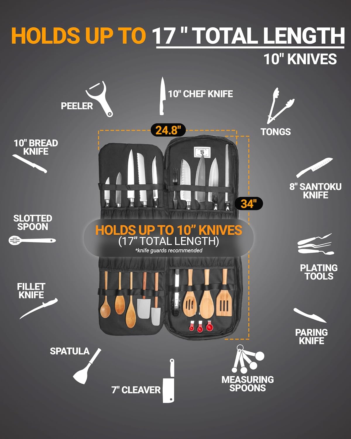 Chef Knife Backpack RETRO - Waxed Canvas Knife Bag for Chefs, Patented Knife Retention Panels and Hook-and-Loop System, 30+ Pockets, Fits 10in Blades (17in Overall), YKK Zippers