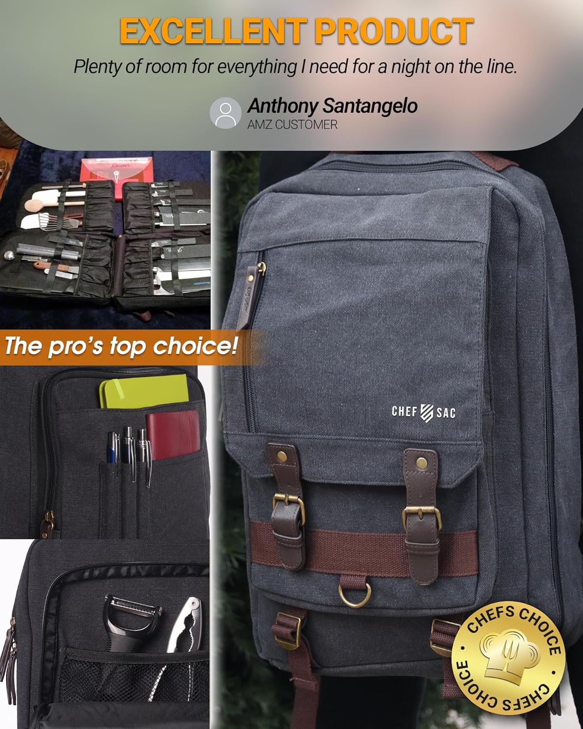 Chef Knife Backpack RETRO - Waxed Canvas Knife Bag for Chefs, Patented Knife Retention Panels and Hook-and-Loop System, 30+ Pockets, Fits 10in Blades (17in Overall), YKK Zippers
