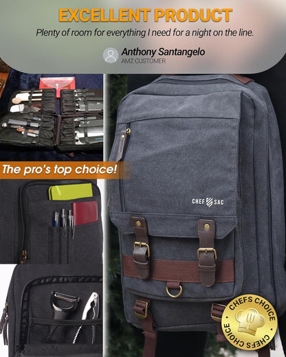 Chef Knife Backpack RETRO - Waxed Canvas Knife Bag for Chefs, Patented Knife Retention Panels and Hook-and-Loop System, 30+ Pockets, Fits 10in Blades (17in Overall), YKK Zippers