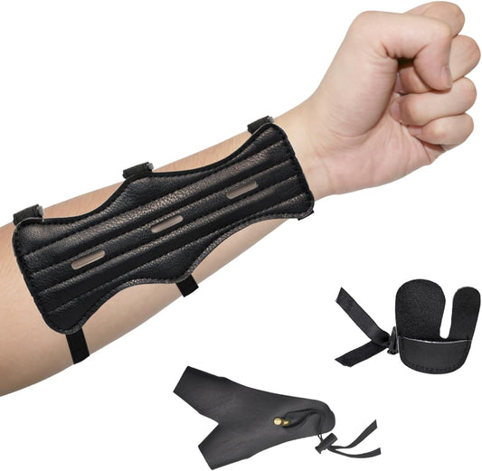 Archery Arm Guard,Archery Arm Guard Finger Tab Set, Adjustable Leather Forearm Guard, Archery Protective Accessories for Recurve Compound Bow
