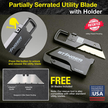 ResqBlade Emergency tool Pocket Knife, Utility Knife with Window Breaker Seatbelt Cutter, Box Cutter, with 3 Extra Partially Serrated Utility Blades