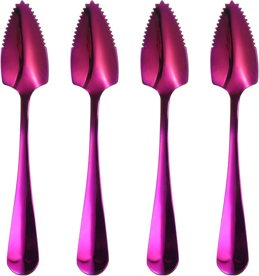 4Pcs Grapefruit Spoons, Stainless Steel Fruit Utensils Spoon with Serrated Edge Thick Gauge Handle Grapefruit Knife Tool Mirror Finish for Citrus Melon Dessert, Purple