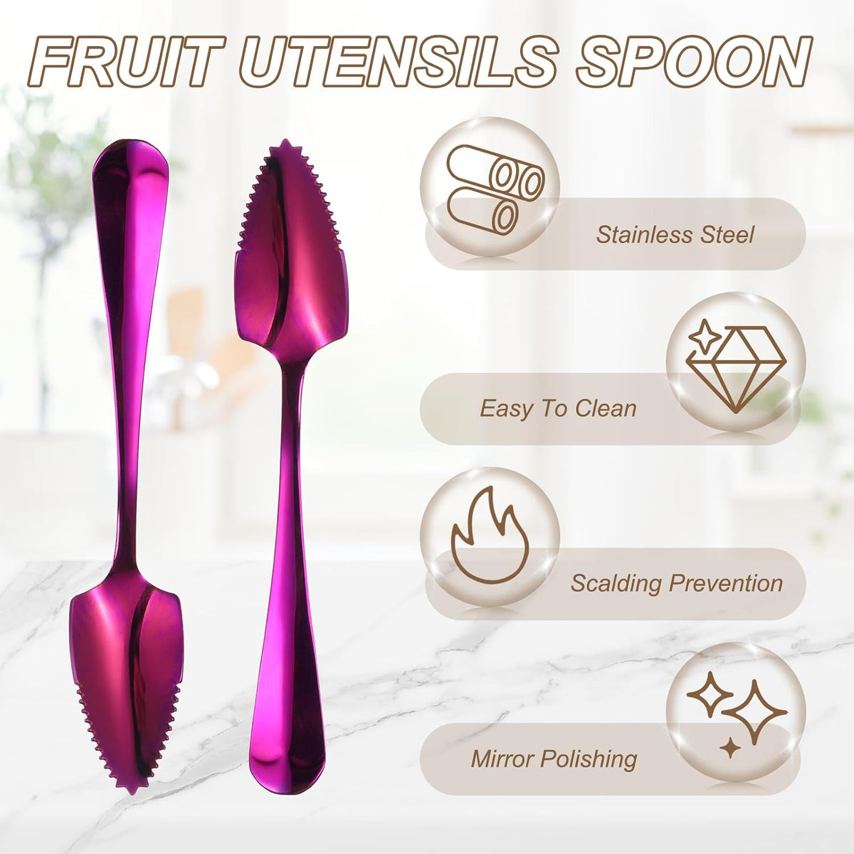 4Pcs Grapefruit Spoons, Stainless Steel Fruit Utensils Spoon with Serrated Edge Thick Gauge Handle Grapefruit Knife Tool Mirror Finish for Citrus Melon Dessert, Purple