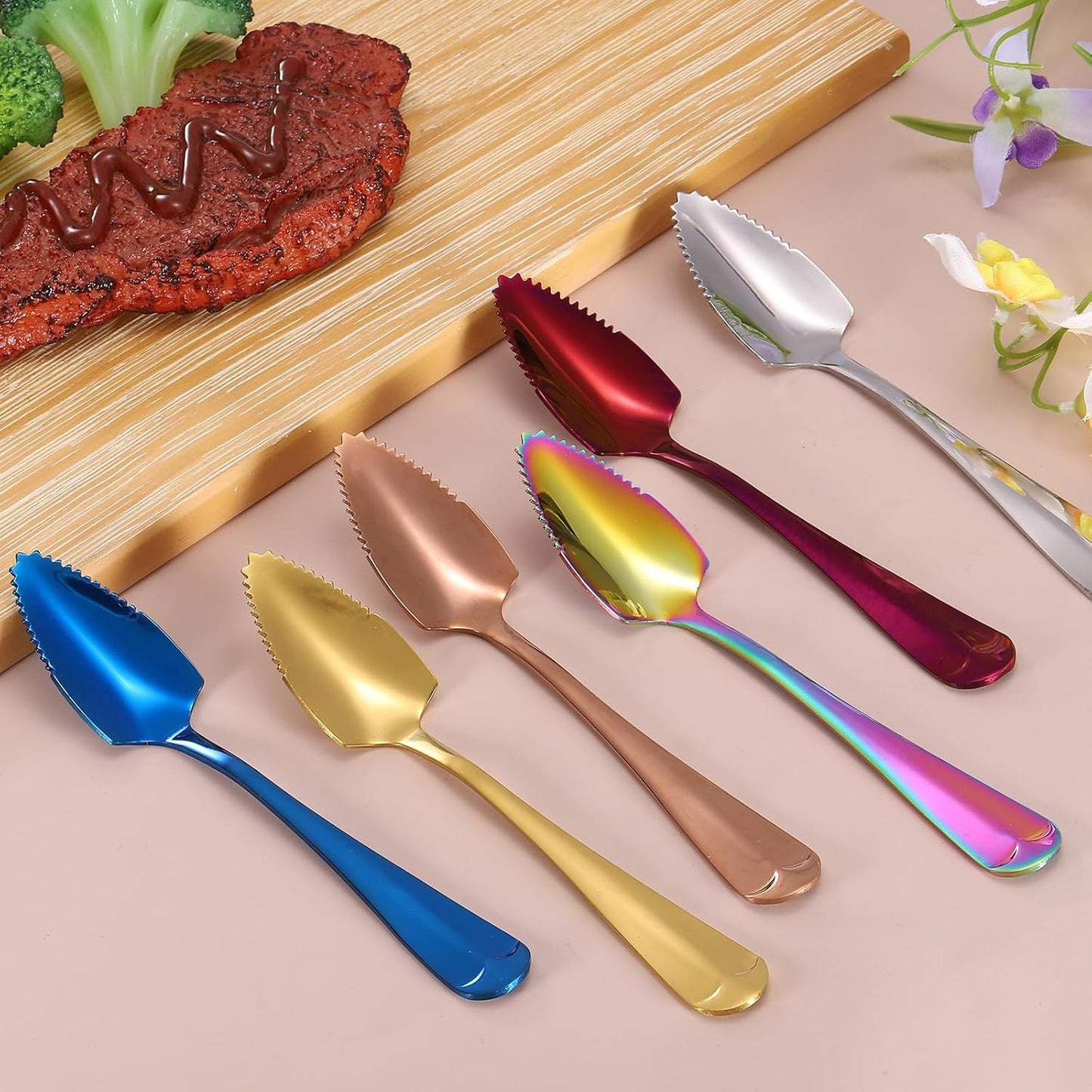 4Pcs Grapefruit Spoons, Stainless Steel Fruit Utensils Spoon with Serrated Edge Thick Gauge Handle Grapefruit Knife Tool Mirror Finish for Citrus Melon Dessert, Purple