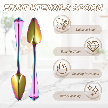 4Pcs Grapefruit Spoons, Stainless Steel Fruit Utensils Spoon with Serrated Edge Thick Gauge Handle Grapefruit Knife Tool Mirror Finish for Citrus Melon Dessert, Purple