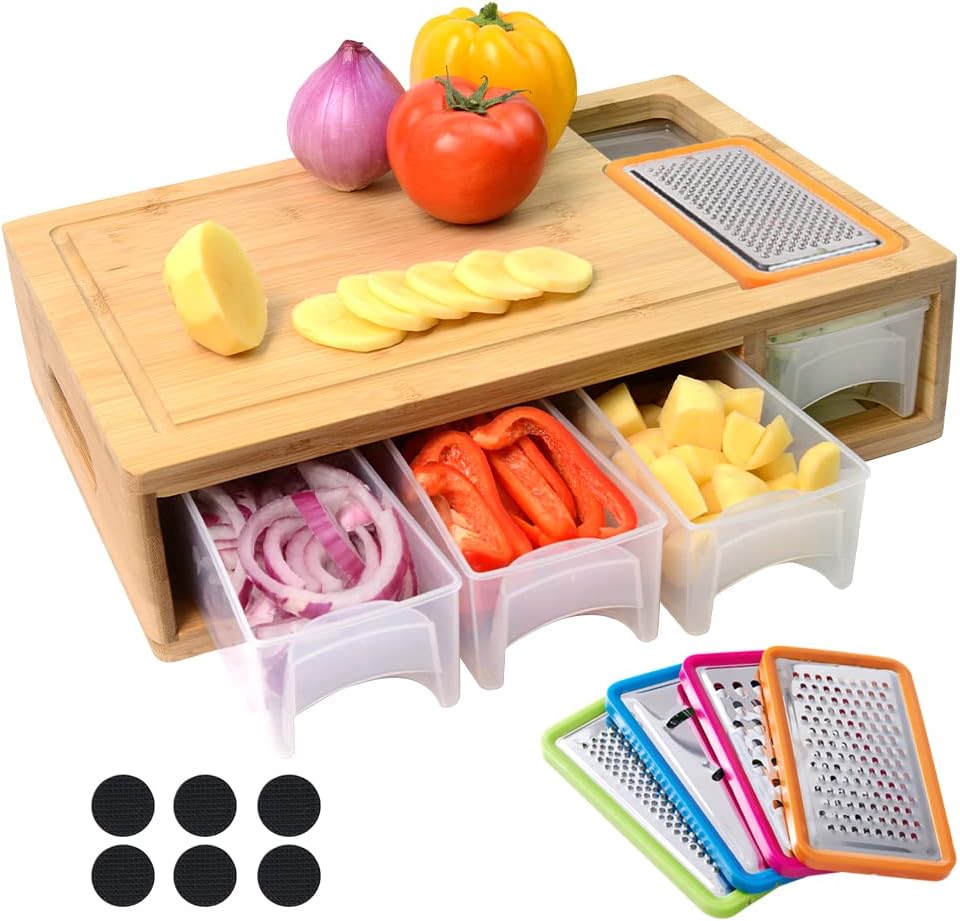 Bamboo Cutting Board with Containers, Lids, and Graters, Large Wood Cutting Board with Containers, Food Dropping Zone, Carving Board with Easy-grip Handle, Juice Groove