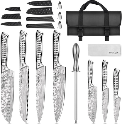Kitchen Knife Set, Japanese Stainless Steel Knife Sets for Kitchen with Oxford cloth storage bag with Knife Sharpening Rod, Dishwasher Safe, For Outdoor