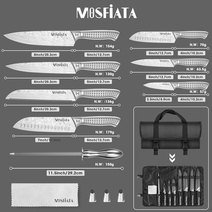Kitchen Knife Set, Japanese Stainless Steel Knife Sets for Kitchen with Oxford cloth storage bag with Knife Sharpening Rod, Dishwasher Safe, For Outdoor