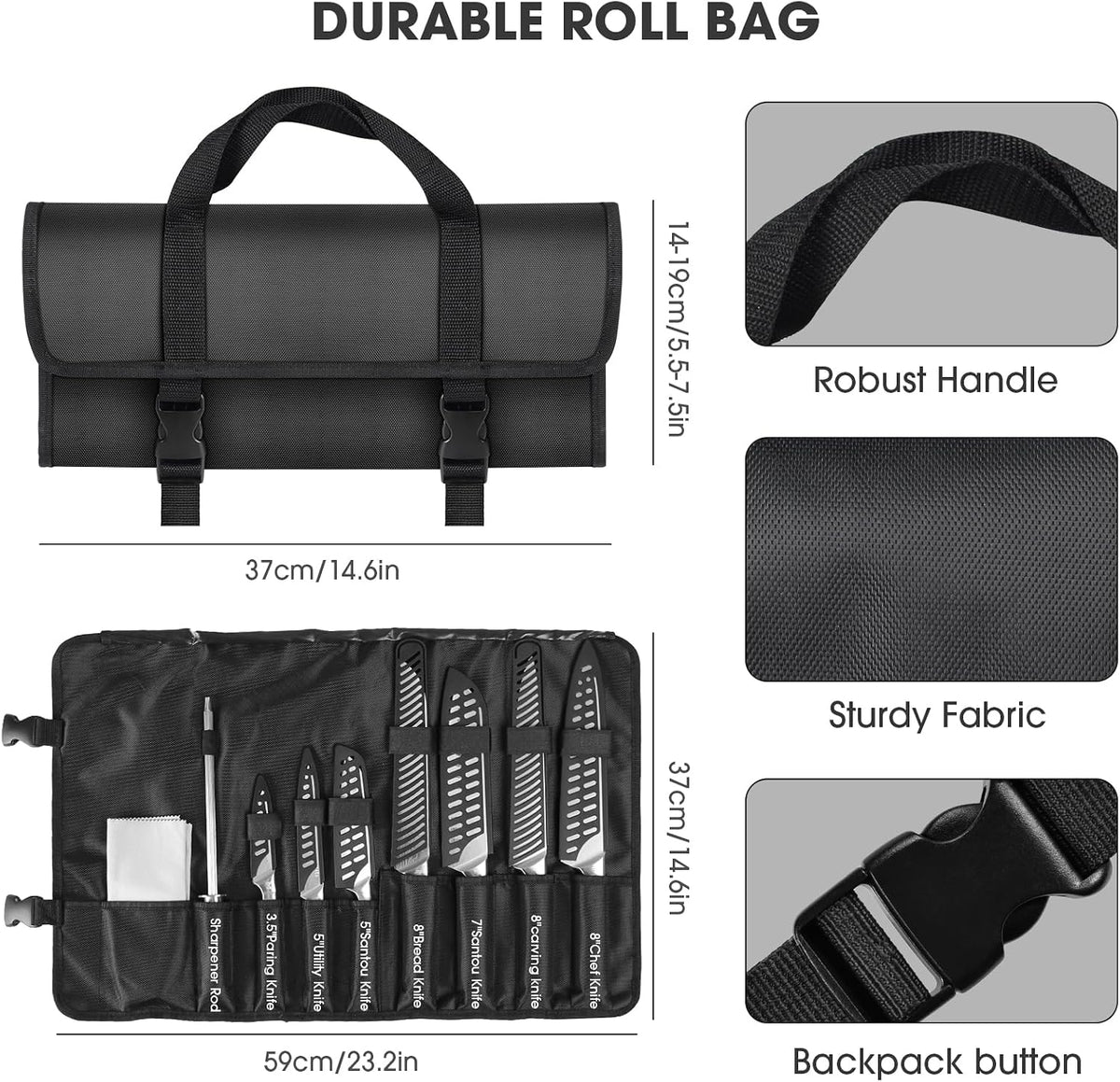 Kitchen Knife Set, Japanese Stainless Steel Knife Sets for Kitchen with Oxford cloth storage bag with Knife Sharpening Rod, Dishwasher Safe, For Outdoor