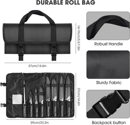 Kitchen Knife Set, Japanese Stainless Steel Knife Sets for Kitchen with Oxford cloth storage bag with Knife Sharpening Rod, Dishwasher Safe, For Outdoor
