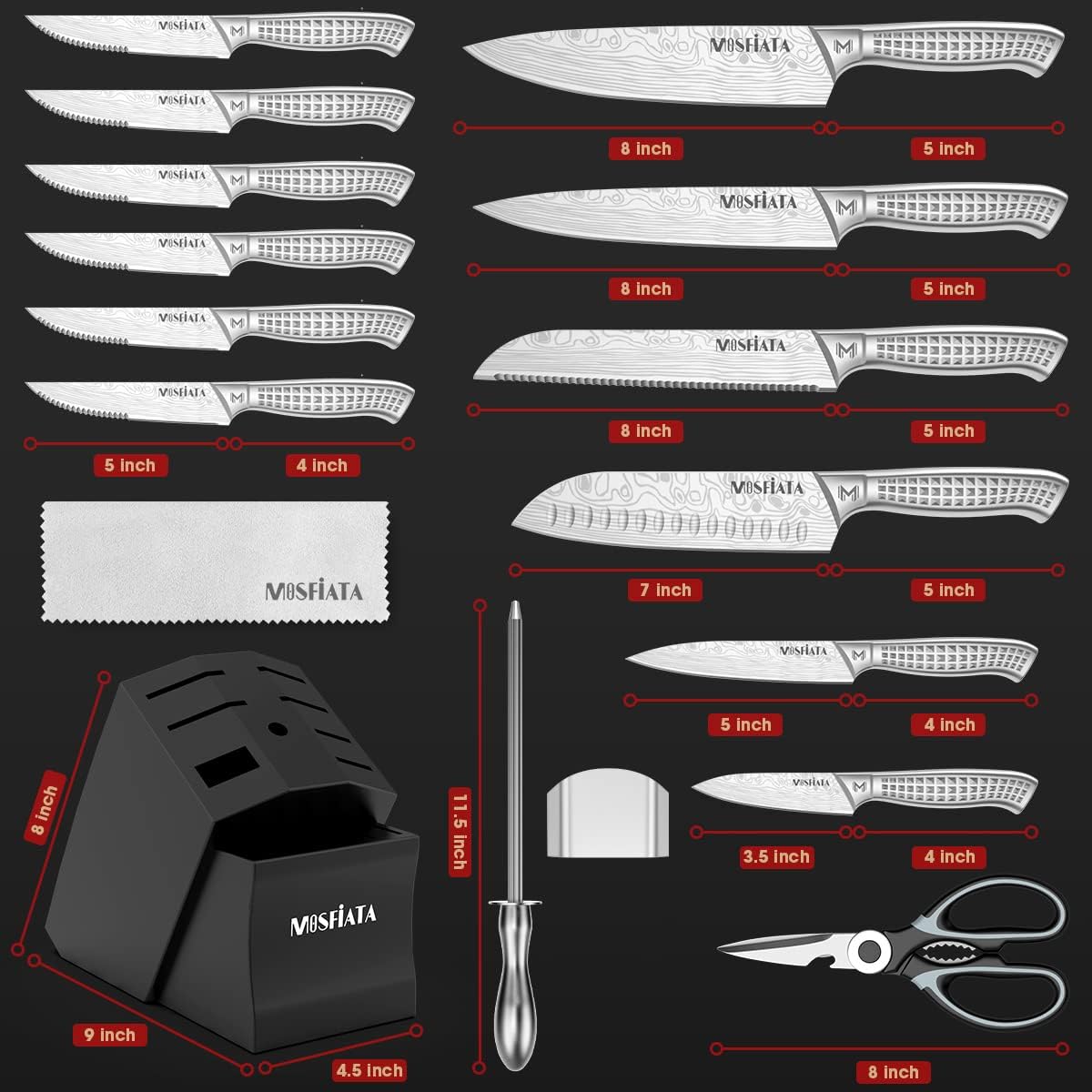 Kitchen Knife Set, Japanese Stainless Steel Knife Sets for Kitchen with Oxford cloth storage bag with Knife Sharpening Rod, Dishwasher Safe, For Outdoor