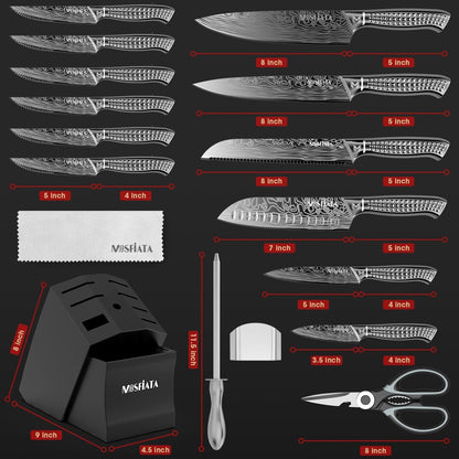 Kitchen Knife Set, Japanese Stainless Steel Knife Sets for Kitchen with Oxford cloth storage bag with Knife Sharpening Rod, Dishwasher Safe, For Outdoor