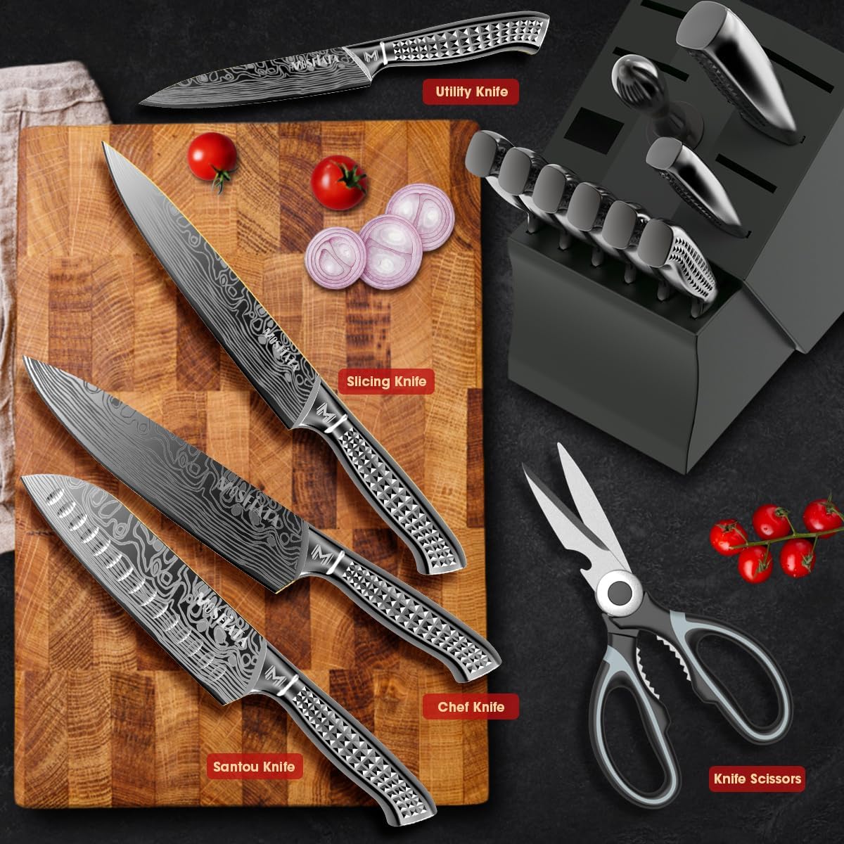 Kitchen Knife Set, Japanese Stainless Steel Knife Sets for Kitchen with Oxford cloth storage bag with Knife Sharpening Rod, Dishwasher Safe, For Outdoor
