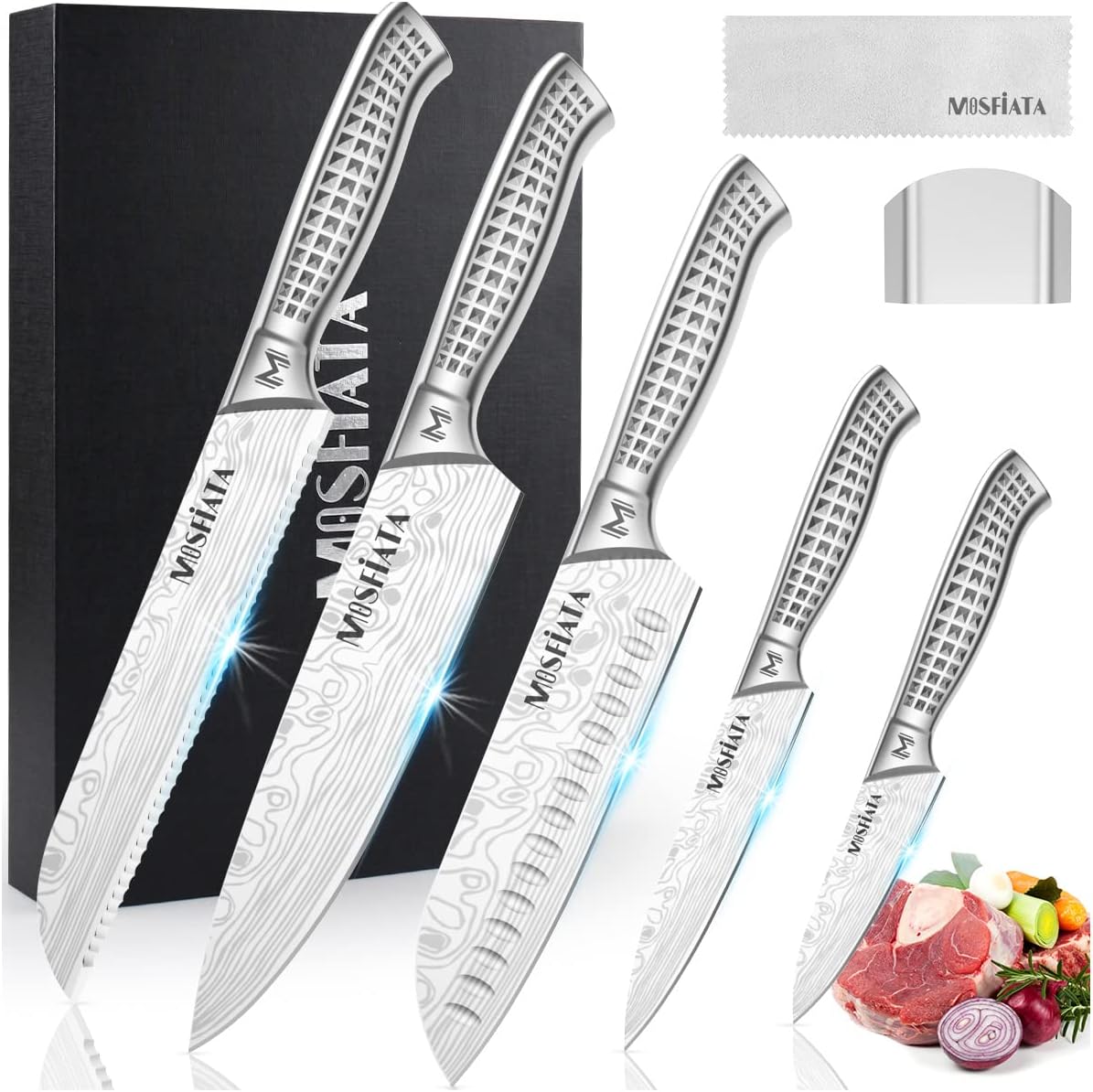 Kitchen Knife Set, Japanese Stainless Steel Knife Sets for Kitchen with Oxford cloth storage bag with Knife Sharpening Rod, Dishwasher Safe, For Outdoor