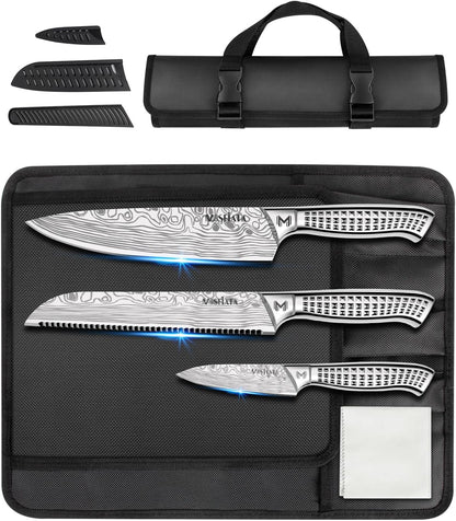 Kitchen Knife Set, Japanese Stainless Steel Knife Sets for Kitchen with Oxford cloth storage bag with Knife Sharpening Rod, Dishwasher Safe, For Outdoor