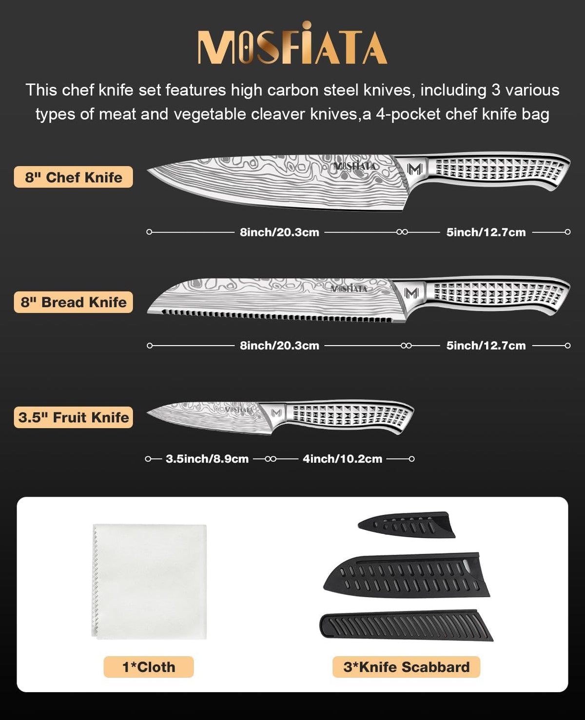 Kitchen Knife Set, Japanese Stainless Steel Knife Sets for Kitchen with Oxford cloth storage bag with Knife Sharpening Rod, Dishwasher Safe, For Outdoor