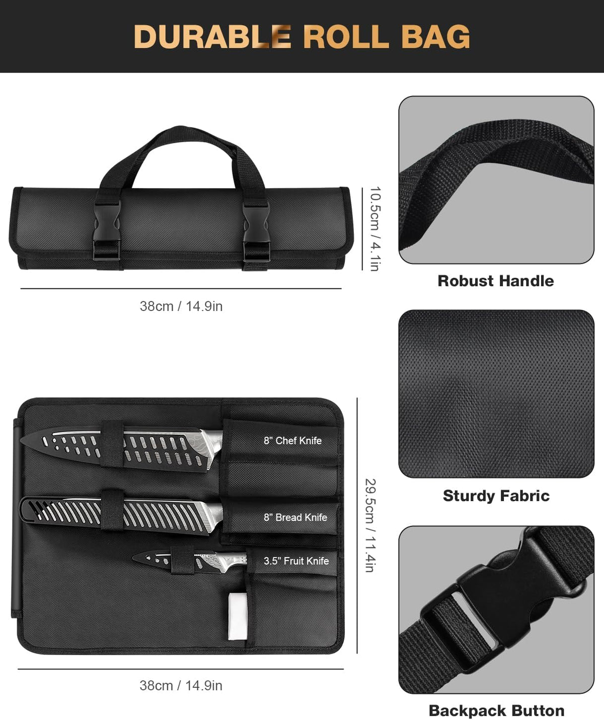Kitchen Knife Set, Japanese Stainless Steel Knife Sets for Kitchen with Oxford cloth storage bag with Knife Sharpening Rod, Dishwasher Safe, For Outdoor