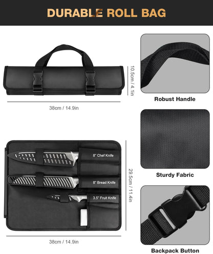 Kitchen Knife Set, Japanese Stainless Steel Knife Sets for Kitchen with Oxford cloth storage bag with Knife Sharpening Rod, Dishwasher Safe, For Outdoor