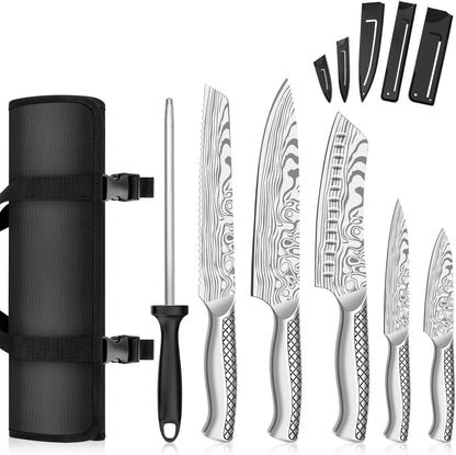 Kitchen Knife Set, Japanese Stainless Steel Knife Sets for Kitchen with Oxford cloth storage bag with Knife Sharpening Rod, Dishwasher Safe, For Outdoor