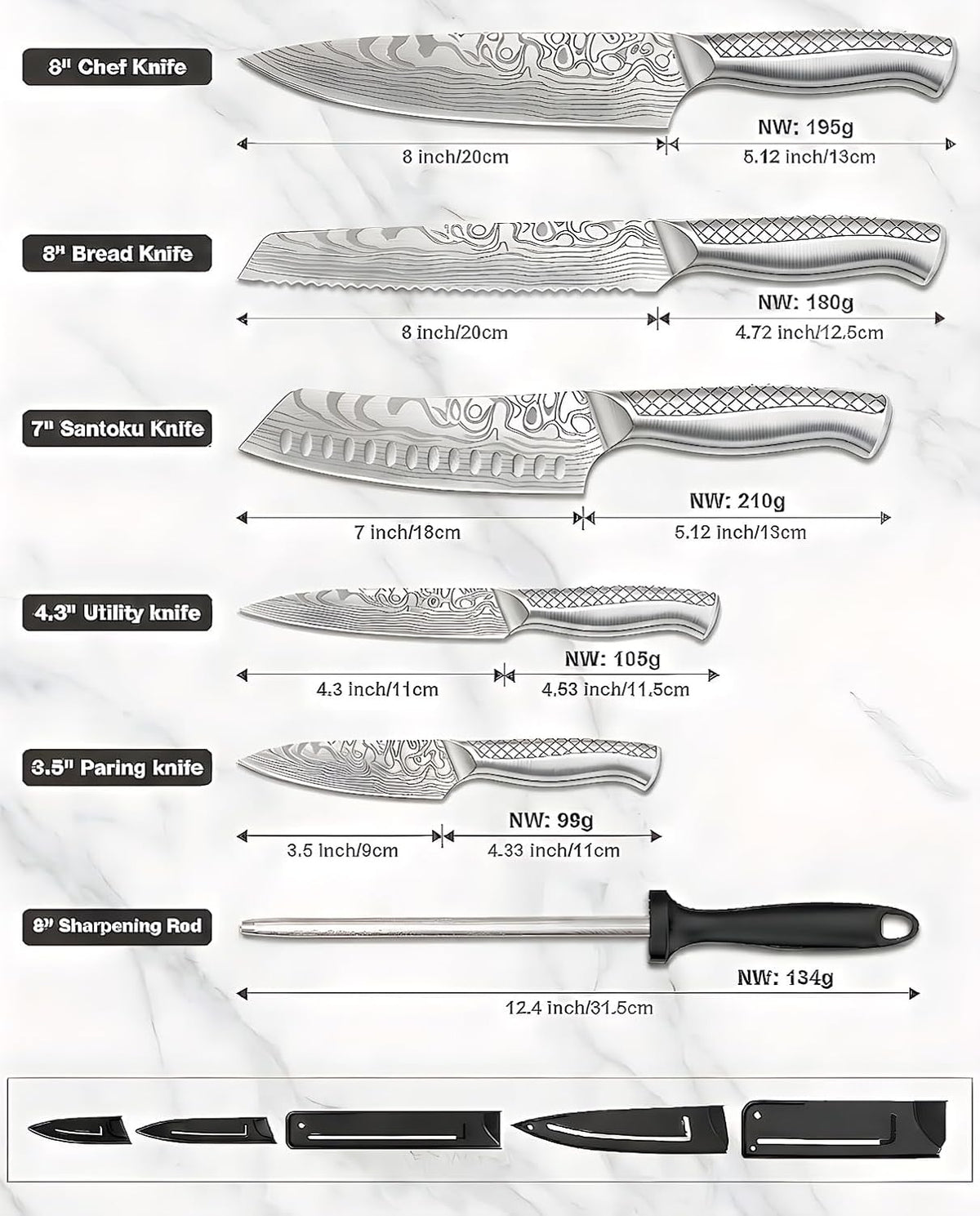 Kitchen Knife Set, Japanese Stainless Steel Knife Sets for Kitchen with Oxford cloth storage bag with Knife Sharpening Rod, Dishwasher Safe, For Outdoor