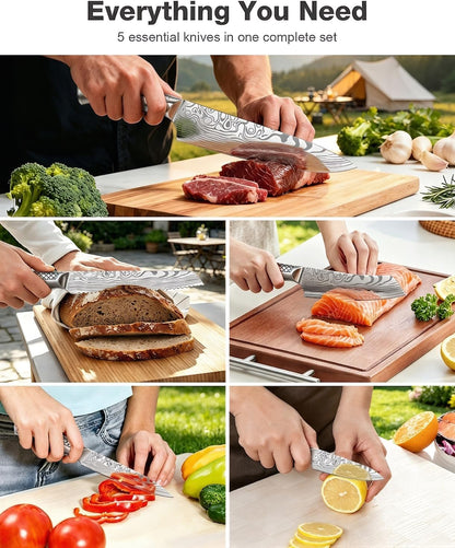 Kitchen Knife Set, Japanese Stainless Steel Knife Sets for Kitchen with Oxford cloth storage bag with Knife Sharpening Rod, Dishwasher Safe, For Outdoor