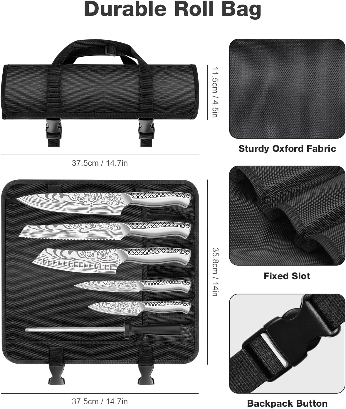 Kitchen Knife Set, Japanese Stainless Steel Knife Sets for Kitchen with Oxford cloth storage bag with Knife Sharpening Rod, Dishwasher Safe, For Outdoor