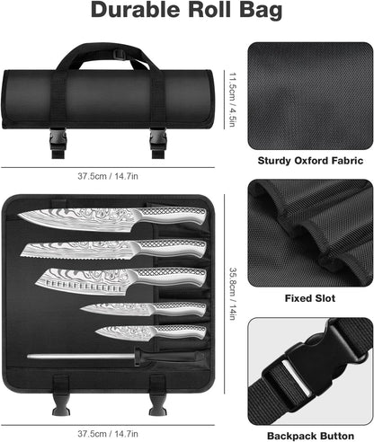 Kitchen Knife Set, Japanese Stainless Steel Knife Sets for Kitchen with Oxford cloth storage bag with Knife Sharpening Rod, Dishwasher Safe, For Outdoor