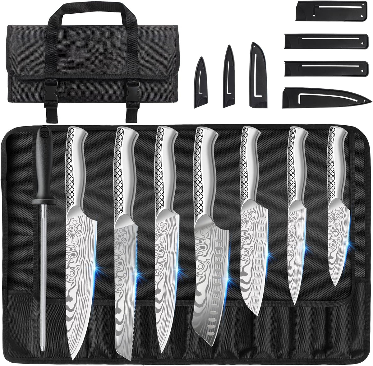 Kitchen Knife Set, Japanese Stainless Steel Knife Sets for Kitchen with Oxford cloth storage bag with Knife Sharpening Rod, Dishwasher Safe, For Outdoor