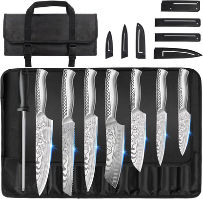 Kitchen Knife Set, Japanese Stainless Steel Knife Sets for Kitchen with Oxford cloth storage bag with Knife Sharpening Rod, Dishwasher Safe, For Outdoor