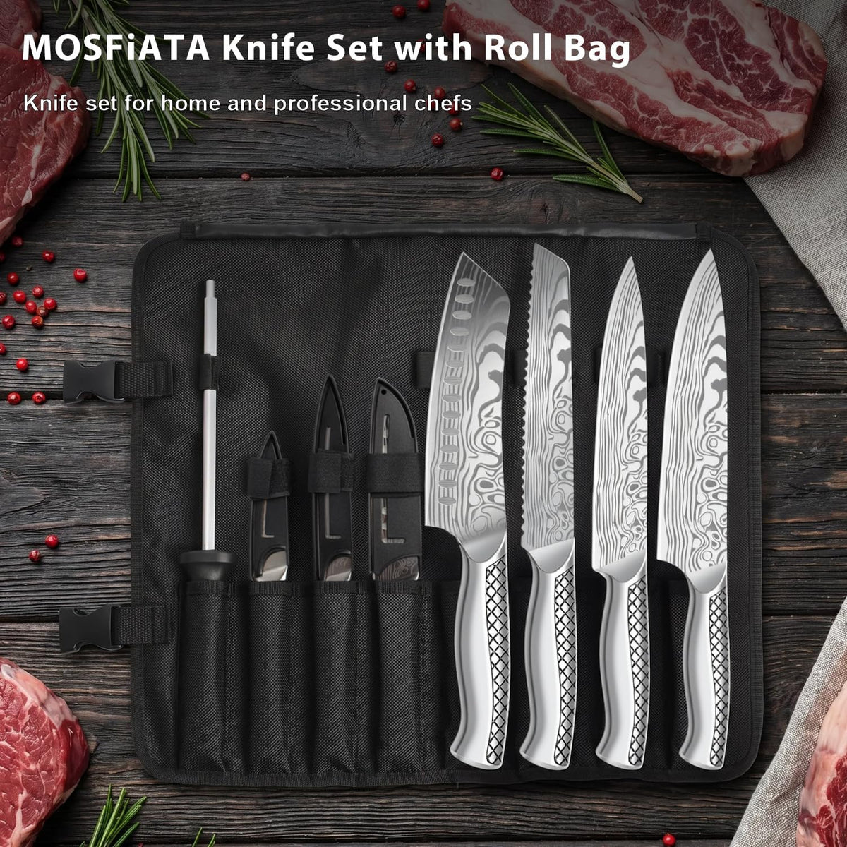 Kitchen Knife Set, Japanese Stainless Steel Knife Sets for Kitchen with Oxford cloth storage bag with Knife Sharpening Rod, Dishwasher Safe, For Outdoor