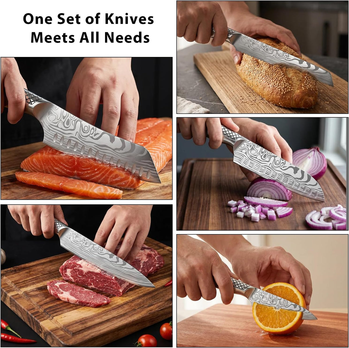 Kitchen Knife Set, Japanese Stainless Steel Knife Sets for Kitchen with Oxford cloth storage bag with Knife Sharpening Rod, Dishwasher Safe, For Outdoor