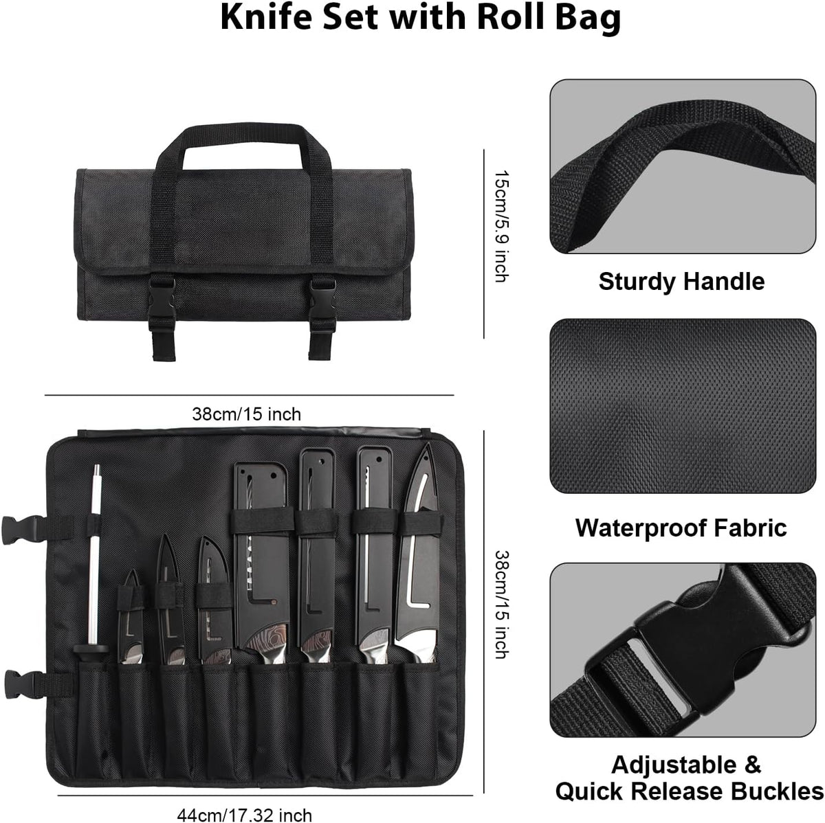 Kitchen Knife Set, Japanese Stainless Steel Knife Sets for Kitchen with Oxford cloth storage bag with Knife Sharpening Rod, Dishwasher Safe, For Outdoor