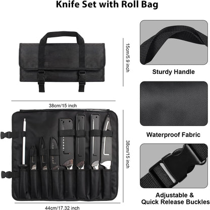 Kitchen Knife Set, Japanese Stainless Steel Knife Sets for Kitchen with Oxford cloth storage bag with Knife Sharpening Rod, Dishwasher Safe, For Outdoor