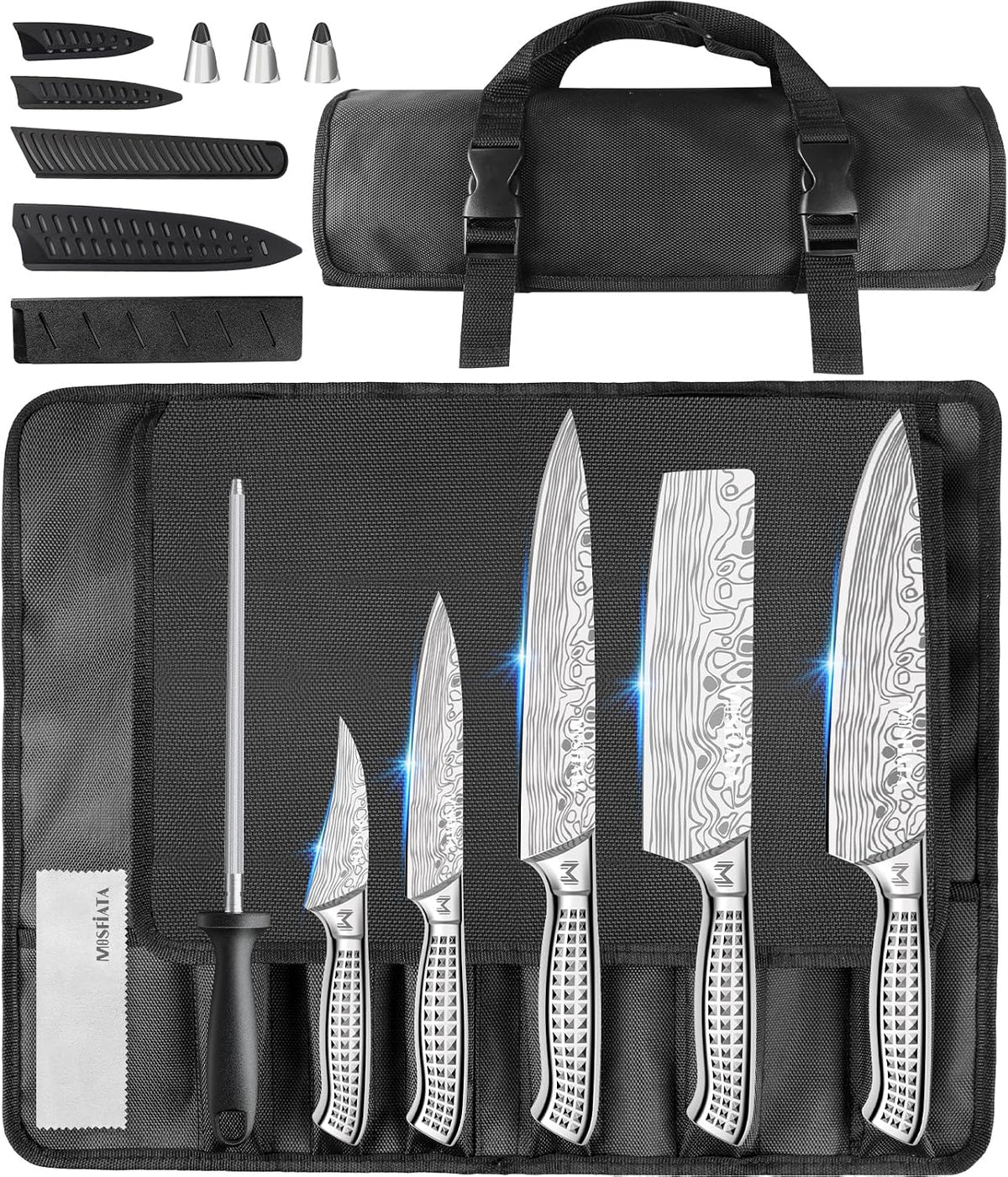 Kitchen Knife Set, Japanese Stainless Steel Knife Sets for Kitchen with Oxford cloth storage bag with Knife Sharpening Rod, Dishwasher Safe, For Outdoor