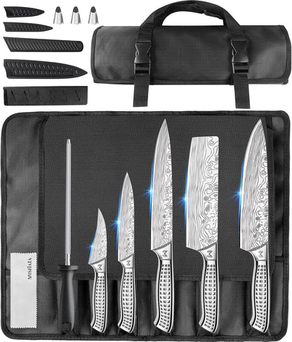 Kitchen Knife Set, Japanese Stainless Steel Knife Sets for Kitchen with Oxford cloth storage bag with Knife Sharpening Rod, Dishwasher Safe, For Outdoor
