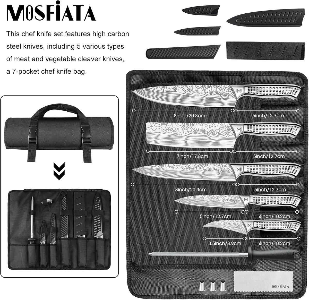 Kitchen Knife Set, Japanese Stainless Steel Knife Sets for Kitchen with Oxford cloth storage bag with Knife Sharpening Rod, Dishwasher Safe, For Outdoor