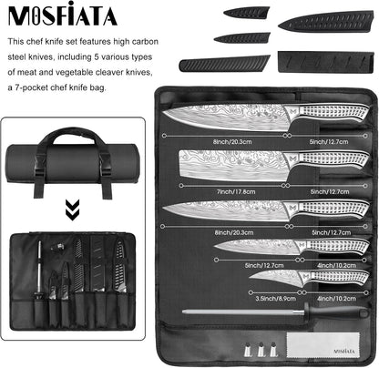 Kitchen Knife Set, Japanese Stainless Steel Knife Sets for Kitchen with Oxford cloth storage bag with Knife Sharpening Rod, Dishwasher Safe, For Outdoor