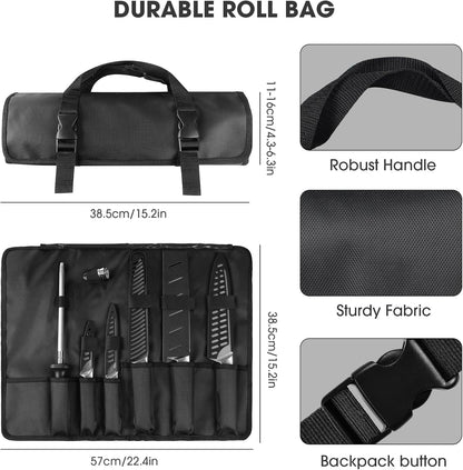 Kitchen Knife Set, Japanese Stainless Steel Knife Sets for Kitchen with Oxford cloth storage bag with Knife Sharpening Rod, Dishwasher Safe, For Outdoor