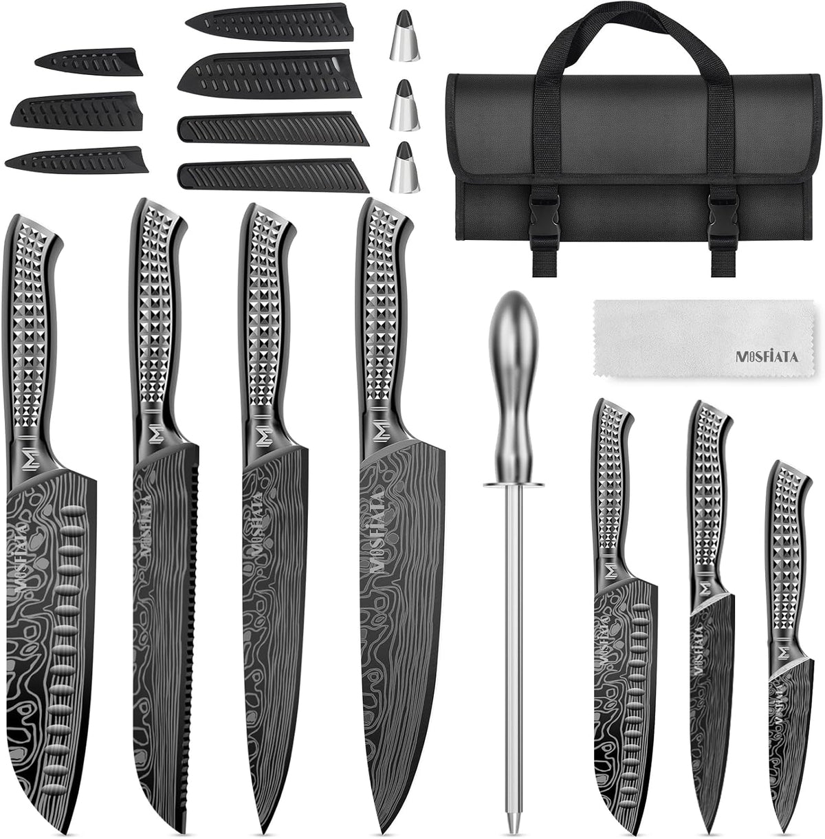 Kitchen Knife Set, Japanese Stainless Steel Knife Sets for Kitchen with Oxford cloth storage bag with Knife Sharpening Rod, Dishwasher Safe, For Outdoor