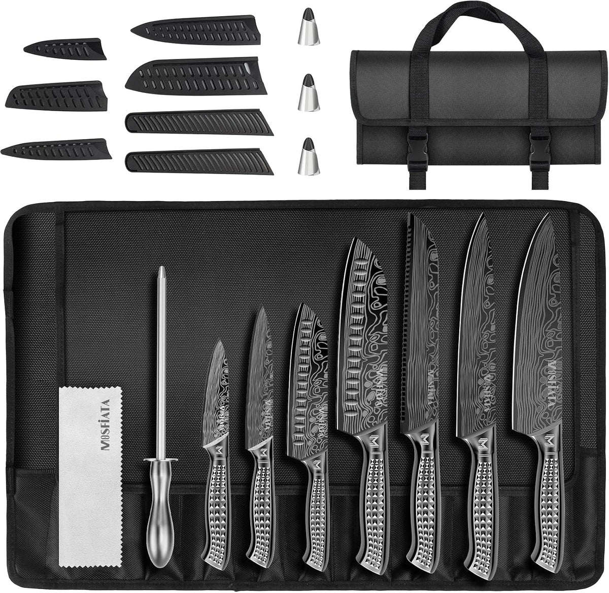 Kitchen Knife Set, Japanese Stainless Steel Knife Sets for Kitchen with Oxford cloth storage bag with Knife Sharpening Rod, Dishwasher Safe, For Outdoor
