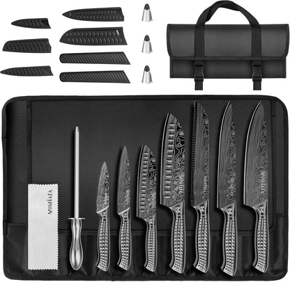 Kitchen Knife Set, Japanese Stainless Steel Knife Sets for Kitchen with Oxford cloth storage bag with Knife Sharpening Rod, Dishwasher Safe, For Outdoor